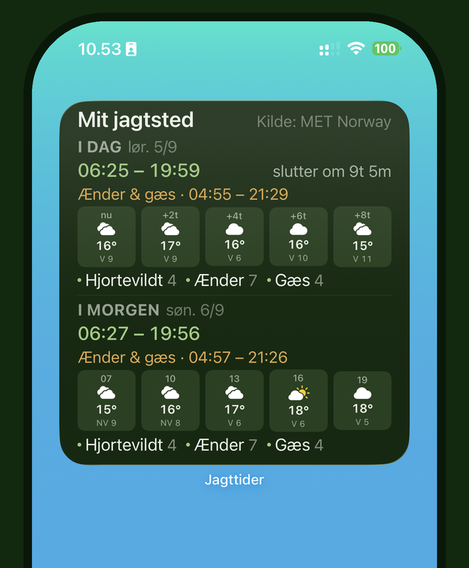 Jagttider-widgetten på en iPhone-hjemmeskærm med dagens jagttid og vejr